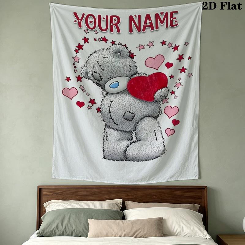 Custom Name Tatty Teddy Pattern Wall Tapestry Aesthetic Wall Hanging Printed Fabric Blanket Decorative Tapestries for Bedroom Living Room Home Decor