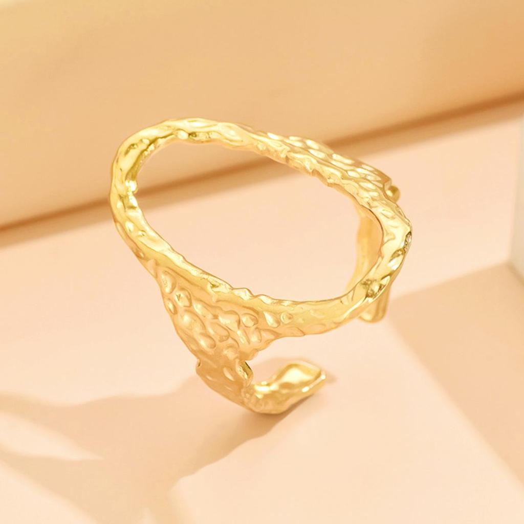 European Retro Geometric Hammered Stainless Steel Open Ring Women's Gold-Plated Adjustable Titanium Jewelry