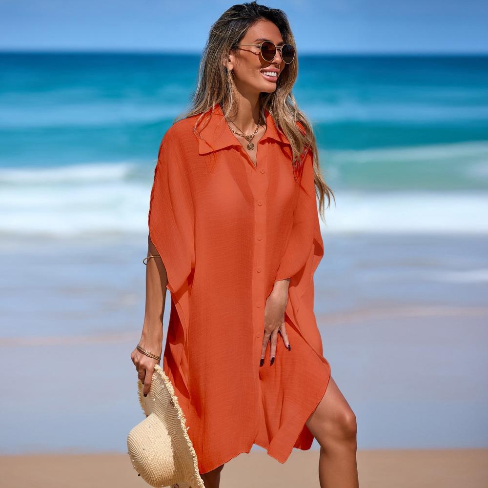 Strand-Überwurf mit Polokragen, Strandrock Chiffon-Oberteil, Lockeres kurzärmeliges Bikini-Oberteil