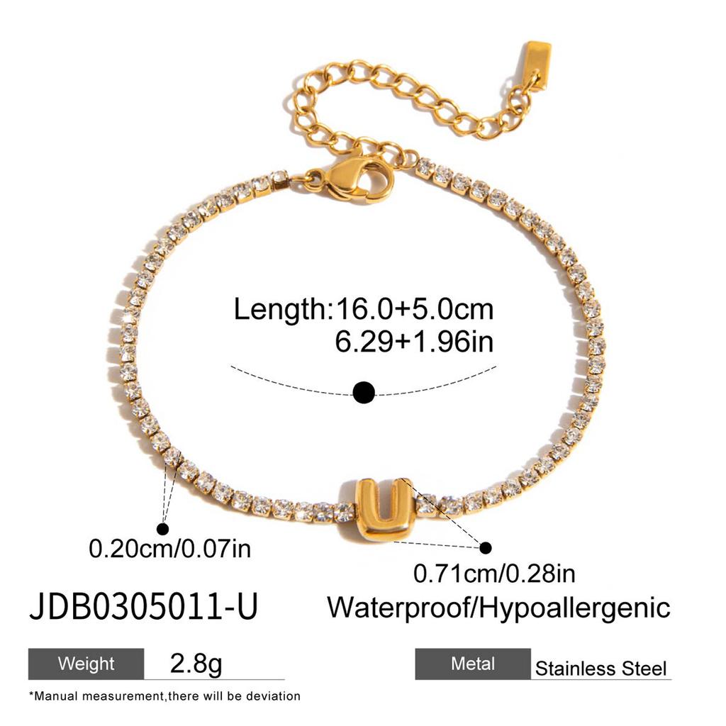J&D 18K Gold Plate Stainless Steel Bracelet Trendy Classic Waterproof White Zircon Letter Chain Bracelet