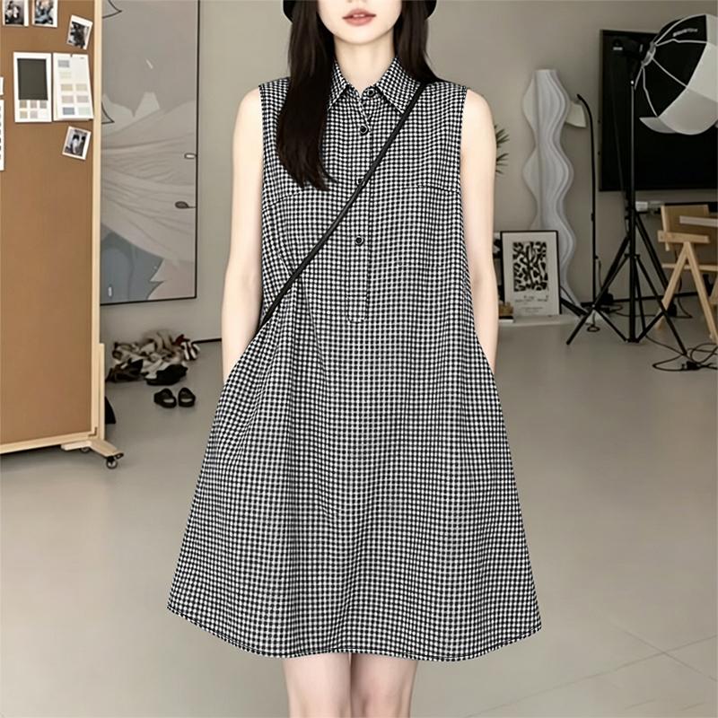 ZANZEA Women Plaid Print Casual Turn Down Collar Loose Sleeveless Dress S