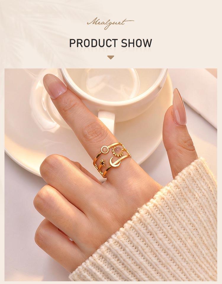Stainless Steel Star Moon Ring for Women, Waterproof Layered Stackable Open Finger Ring, Boho Celestial Jewelry Adjustable