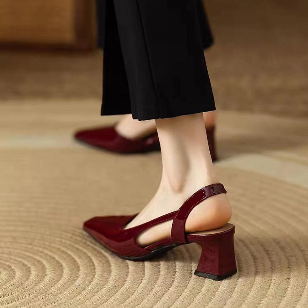 Fashion square toe high heels sandals women japanned leather slingback summer shoes ladies party shoes sandalias de mujer verano 2025