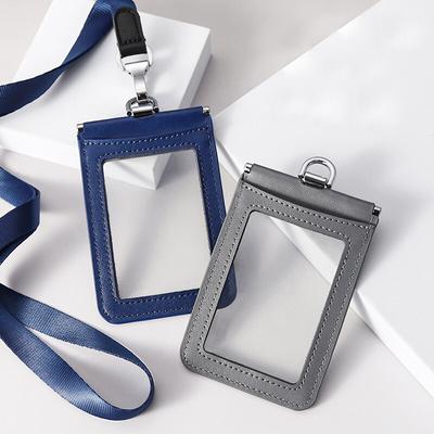 2-Sided Transparent Window Badge Holder ID Business Work Card Holders Genuine Leather Card Case with Lanyard (Can Hold 4 Cards )