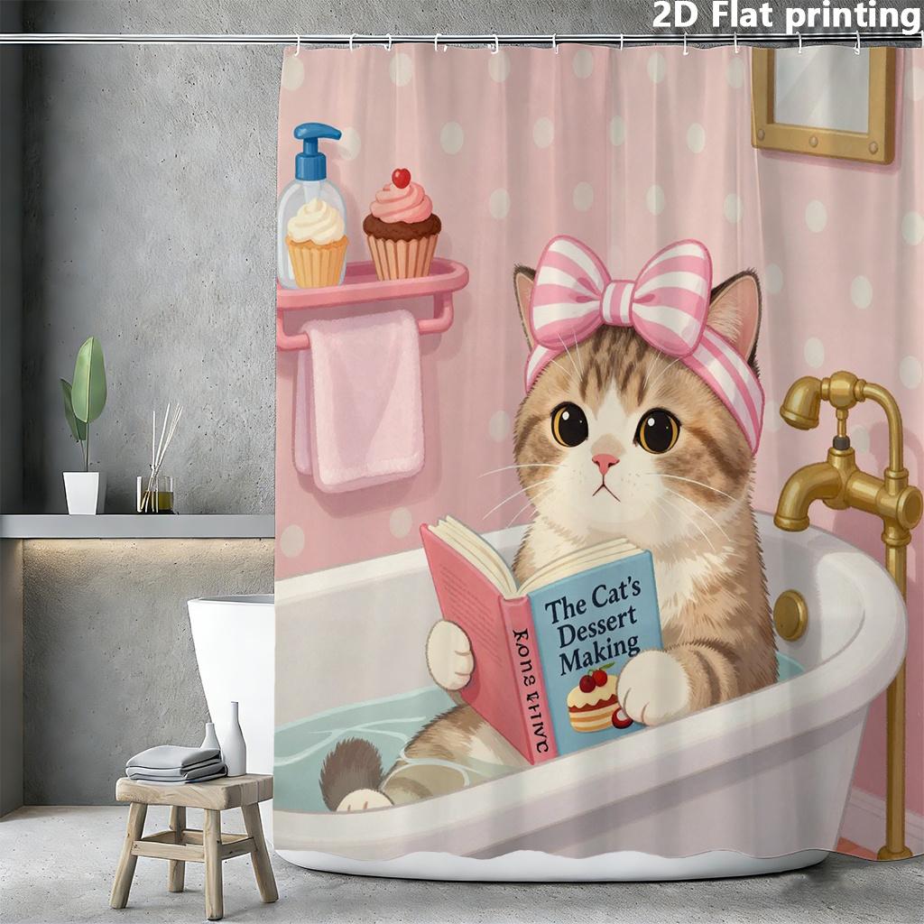 Cute Cat Reading In Bathtub Shower Curtain Waterproof Moisture Proof Privacy Protection Print Pink Polka Dot Design Elevatespace
