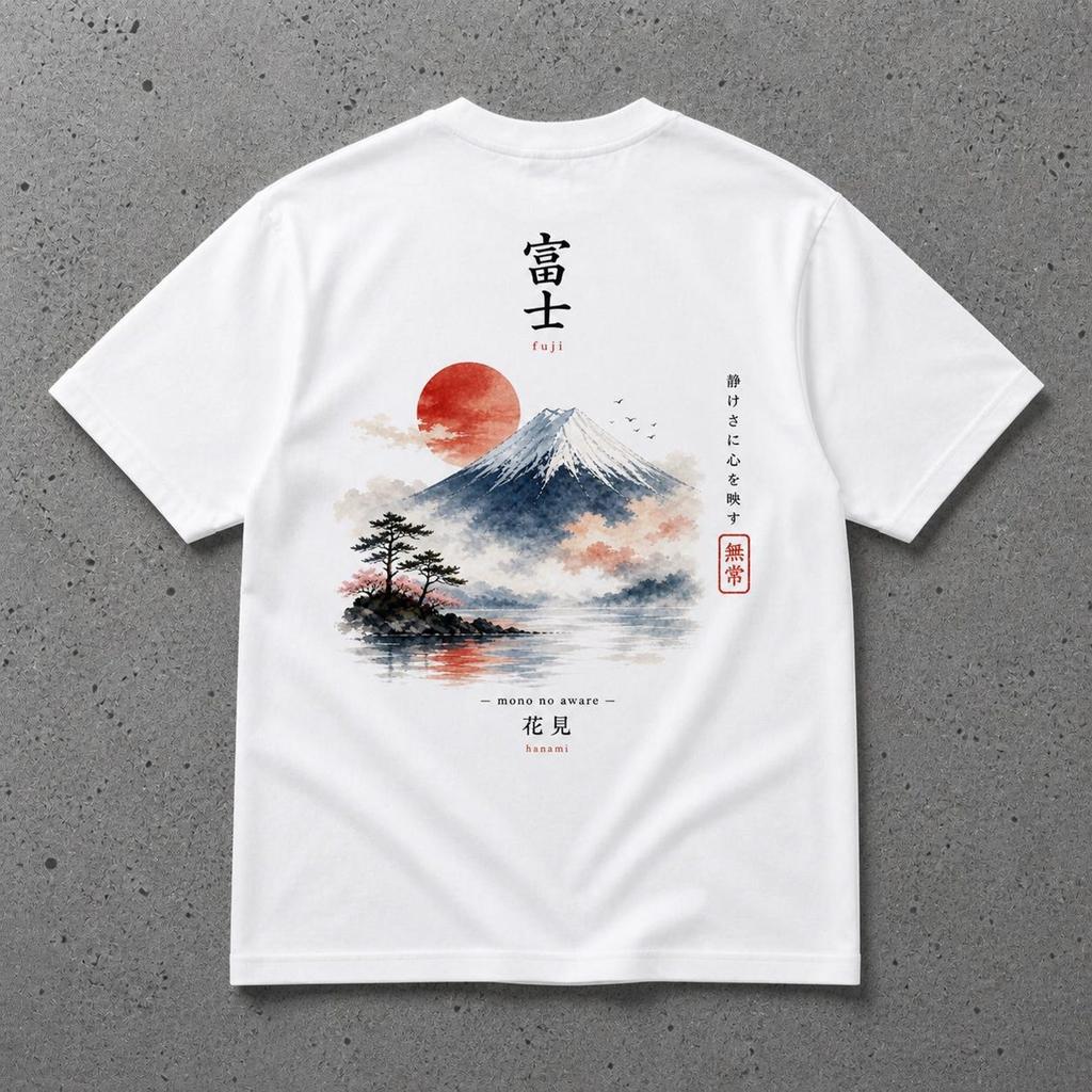 Maglietta Monte Fuji, Arte Giapponese ad Acquerello, T-shirt Streetwear Minimalista con Paesaggio