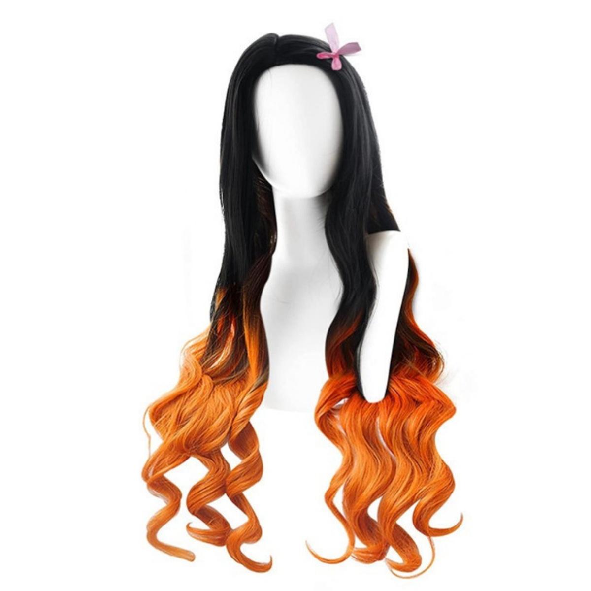 

Kamado Nezuko Cosplay Wig Long Curly Black Orange Brown Gradient Ombre Hair Heat Resistant Synthetic Anime Wigs червоний