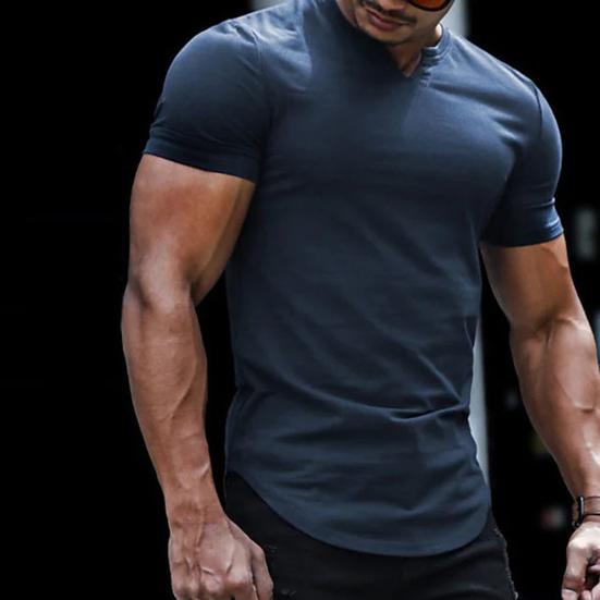 V-Neck Short Sleeve Arc Hem Men T-shirt Summer Solid Color Simple Tee Shirt Streetwear