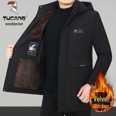 Woodpecker Men's Winter Cotton Jacket - Warm, Mid-Length, Velvet-Lined, Thick Down Outerwear
