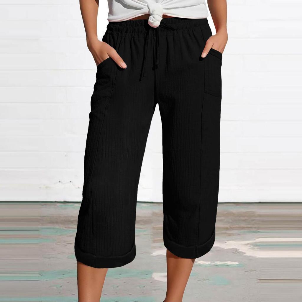 Women's Summer 3/4 Trousers  Summer Trousers With Pockets Causal Loose Trousers Fabric Trousers Sport Leisure Beach Trousers