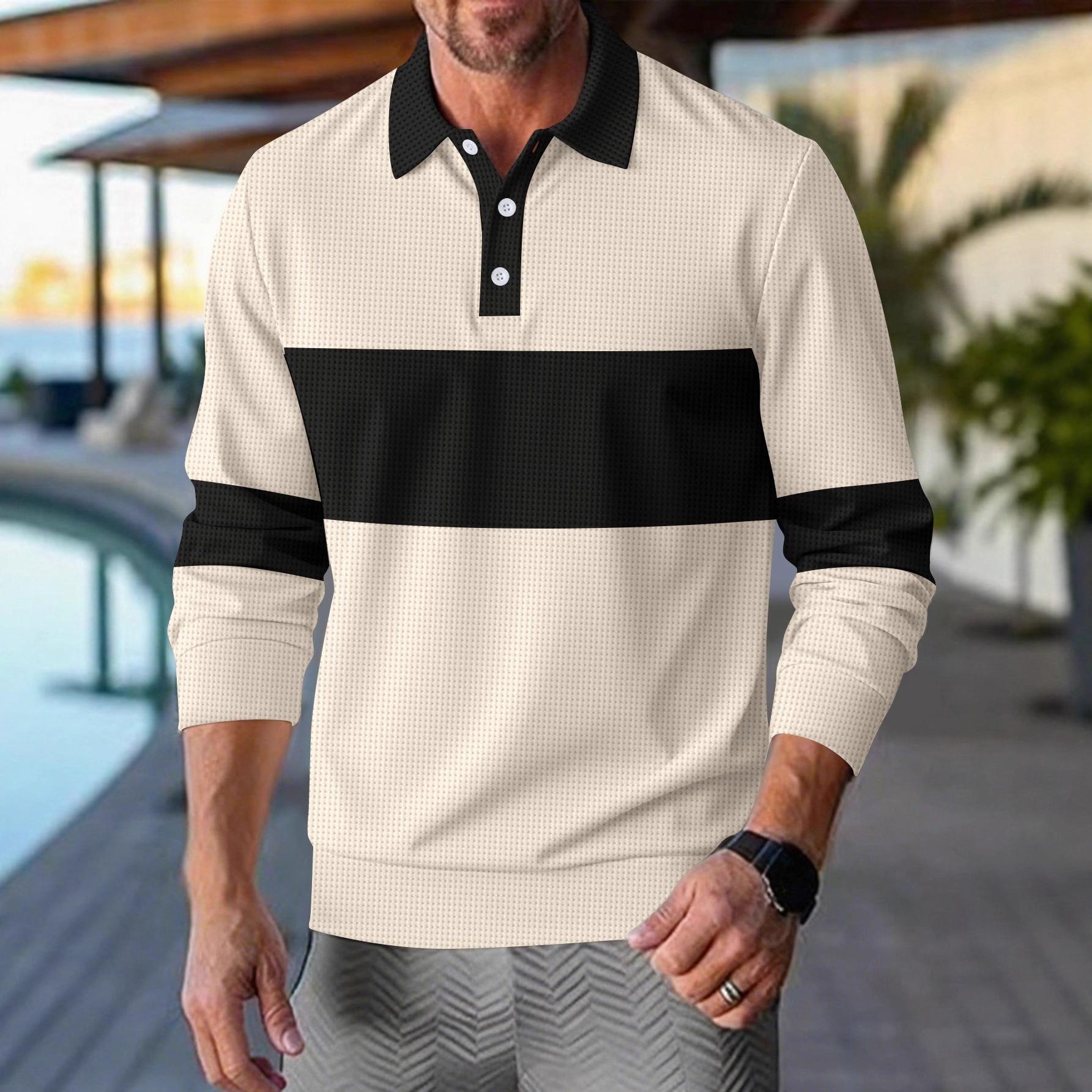 

Men s Autumn 2025 Waffle Lapel Button Color-blocking Casual Polo Shirt Long Sleeve Base Layer T-shirt Men s Fashion XXL хакі