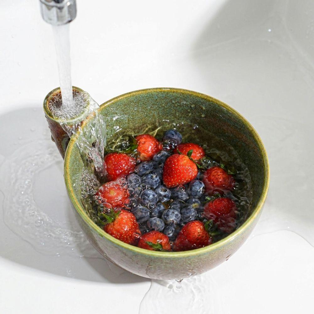 Ceramic Automatic Fruit Washing Bowl Quick Drain Berry Strainer Basket  Home Kitchen