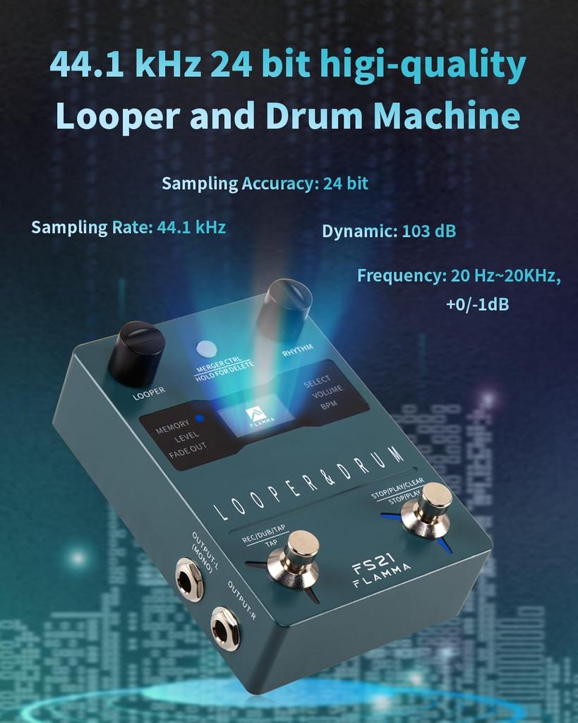 FLAMMA FS21 Drum Machine Looper Pedal, 160 Minuten Aufnahmekapazität, 100 Drums mit Groove-Unterstützung, Software-Bearbeitung, externe Fußschaltersteuerung, Grün