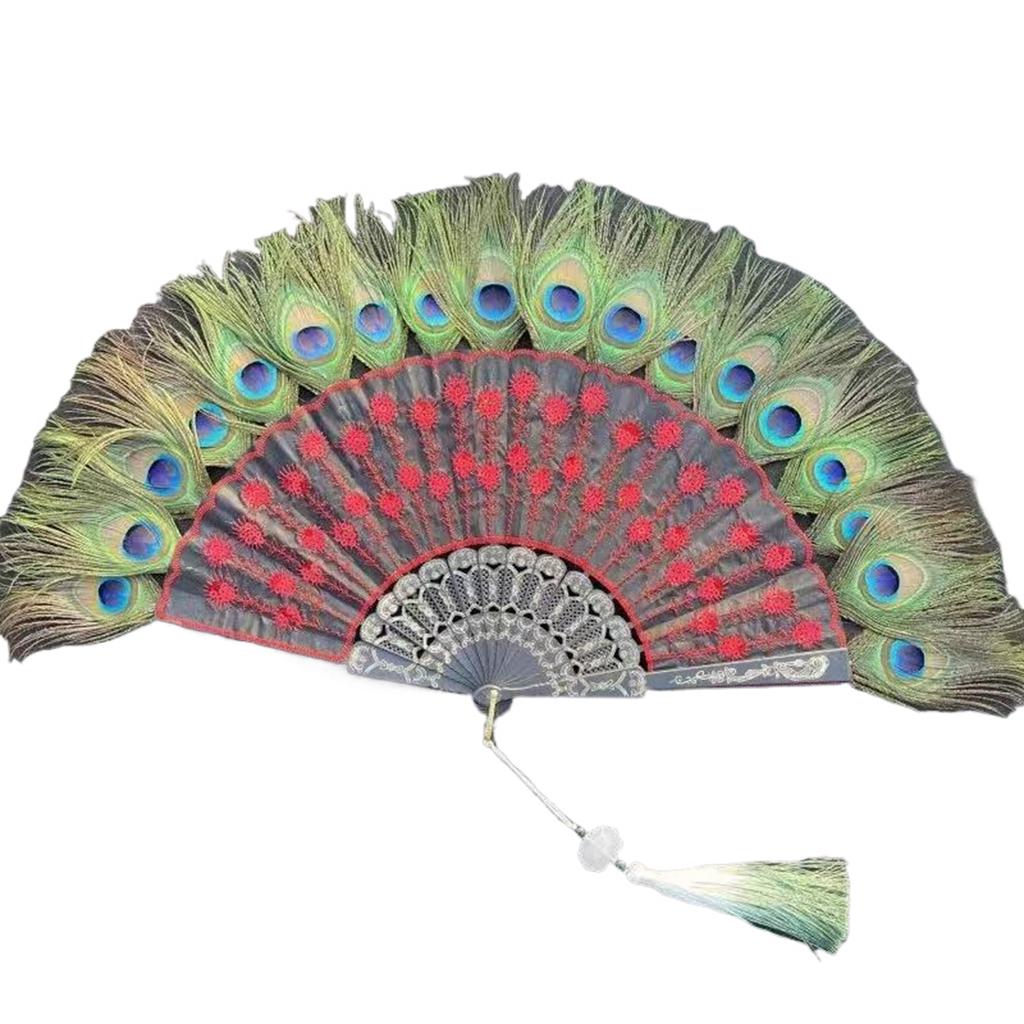 Colorful Hand Fan Elegant Peacock Feather Folding Fan for Halloween and Vintaged Type Occasion Decoration
