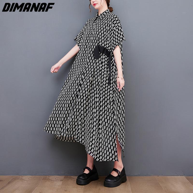Dimanaf Plus Size Dress Women 2023 New Summer Style Shirt Dresses Striped O-Neck Loose Dresses New