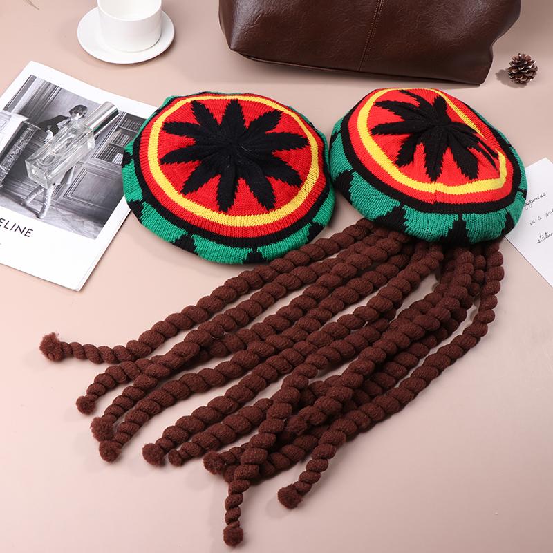 Reggae klobouk s dredy Pohodlný pletený klobouk Paruka Etnický styl Reggae baret Vlněný pletený klobouk ke kostýmu