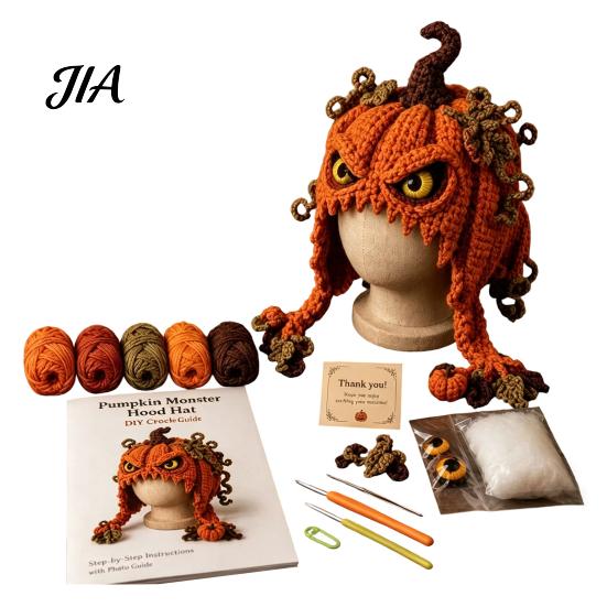 Art Class Supplies Halloween Animal Hood Crochet Kit, Skull Spider Bat Hat DIY Fashionable Earflap Spooky Pumpkin Craft Kit for Adults Teens,