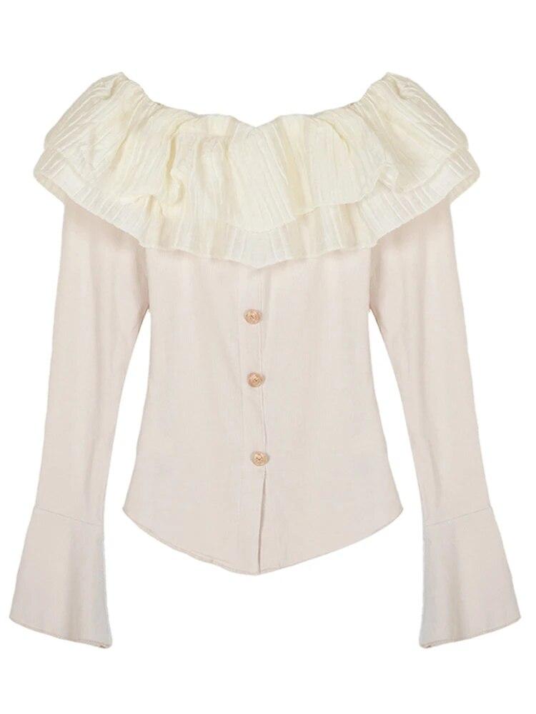 2KWEIRD Y2k Sexy T Shirt Women French Style Elegant Fashion Off Shoulder Crop Top Female Flare Sleeve Slash Neck Ruffle Slim Tees