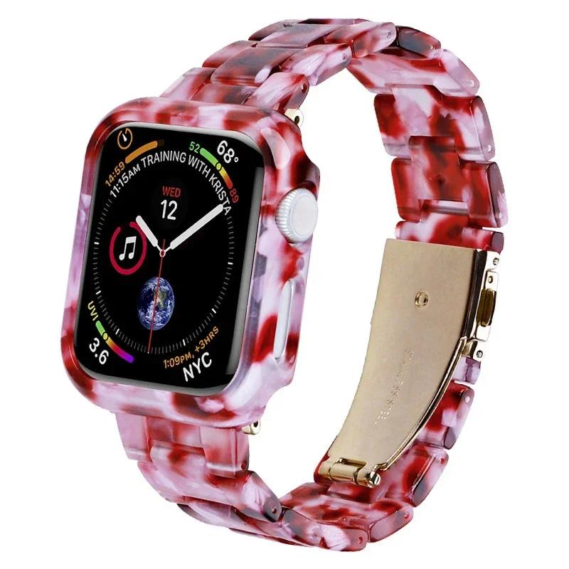 Etui+Pasek z Żywicy do Apple Watch Series 9 41mm 45mm Pasek 38 40mm Pokrowiec Damska Bransoletka do iWatch 8 7 6 SE 5 4 42 mm 44mm Correa