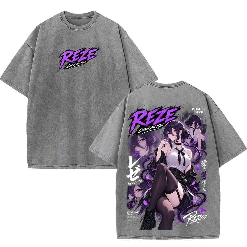 Reze Chainsaw Man Anime Retro T Shirt Harajuku Vintage Washed Streetwear Casual Oversized 100% Cotton T-shirt Men Women Tee Top