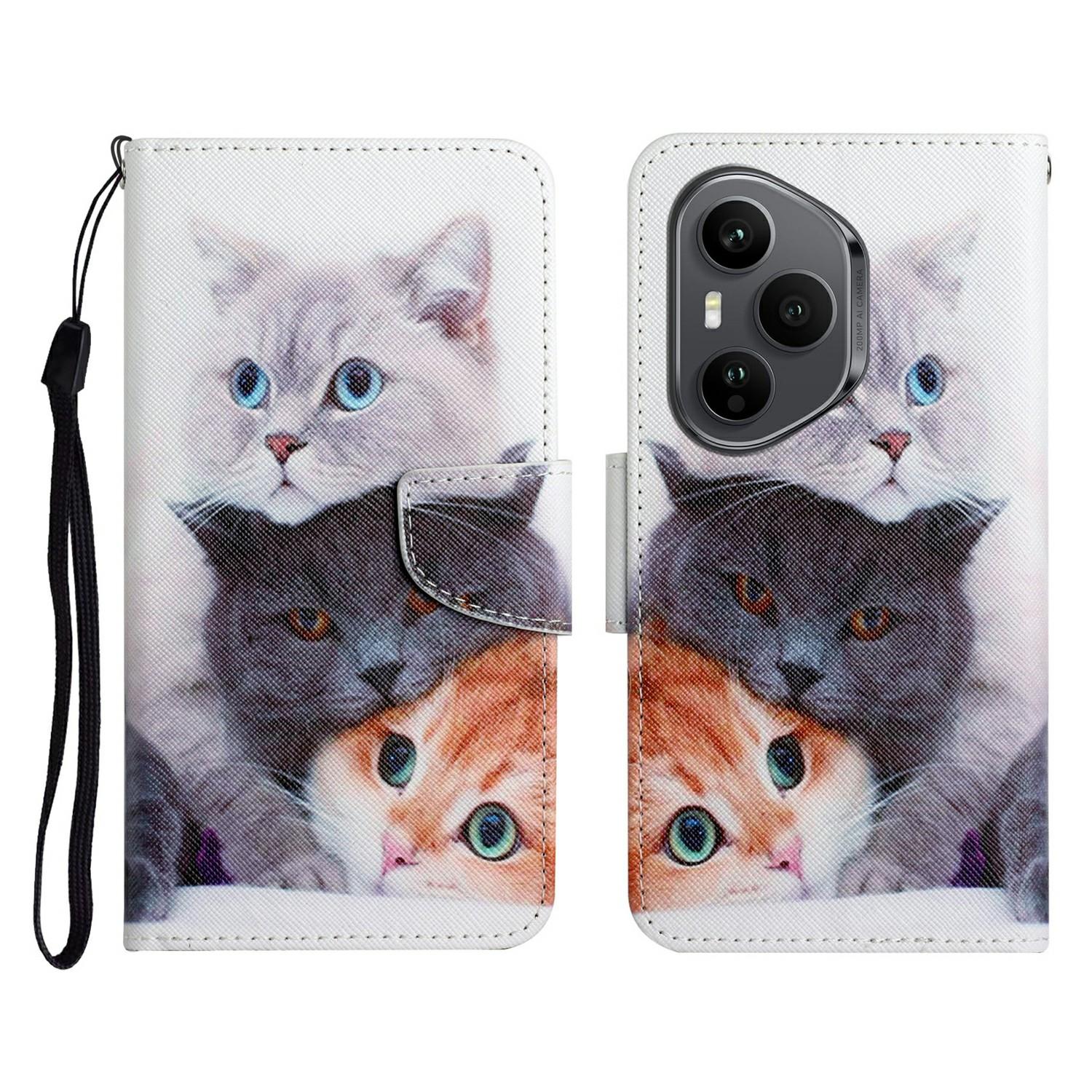 

For Honor 400 Pro 5G (Global) Case Pattern Printing Protective Leather Folio Phone Cover with Wrist Strap Three Cats