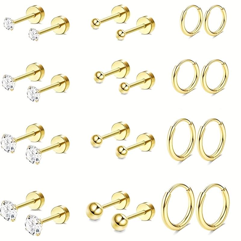 12-Pair Stainless Steel Earrings Set , Flat Back Studs, Small Size for Men  Women Cartilage Earrings for Multiple Piercings