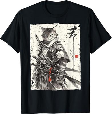 Maglietta unisex con illustrazione a inchiostro Ukiyo raffigurante un guerriero gatto samurai.