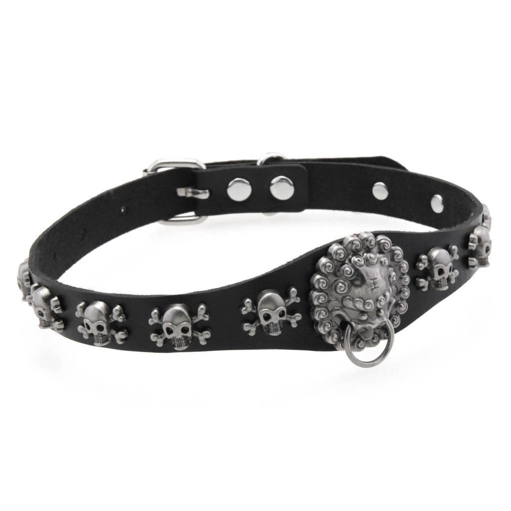 Skull & Lion Pendant Choker, Unisex Punk Leather Hanging Ring Clavicle Necklace