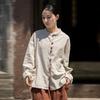 Johnature Women Vintage Shirts Tops Stand Long Sleeve Blouses Autumn Button Solid Color Chinese Style Shirts