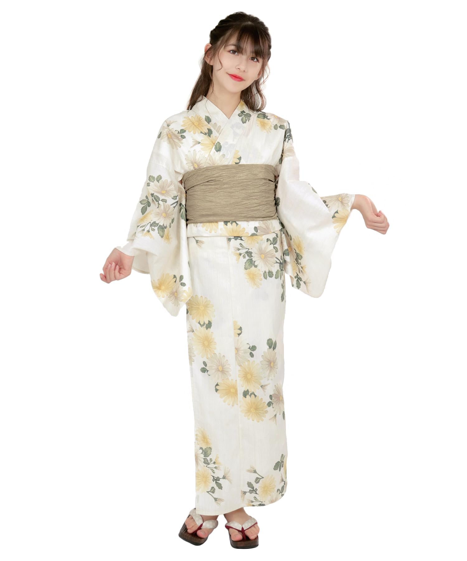 

KYOETSU Разноцветный набор юката для девочек-подростков Прекрасный сон о хризантемах Девичий молочно-белый набор, Ткань, 3 предмета (Юката, Оби, Гета) (Размер 13. Расцветай,