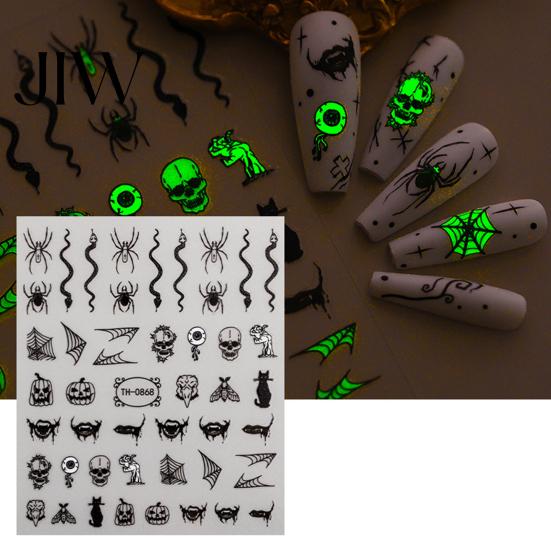 DIY Nail Art Stickers 6 Sheets Halloween Glow-in-the-dark Sticker, Spooky Ghost Pumpkin Skull Manicure Dark Theme Supplies Decal, Decoration