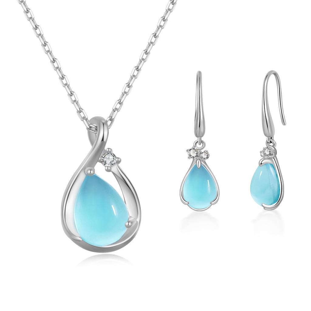 Aquamarine Earrings and Necklace March Birthstone Silver Light Birthday Accessories [FH.bird] Set, "Angel Stone", 925, Hypoallergenic, Rust-Resistant,