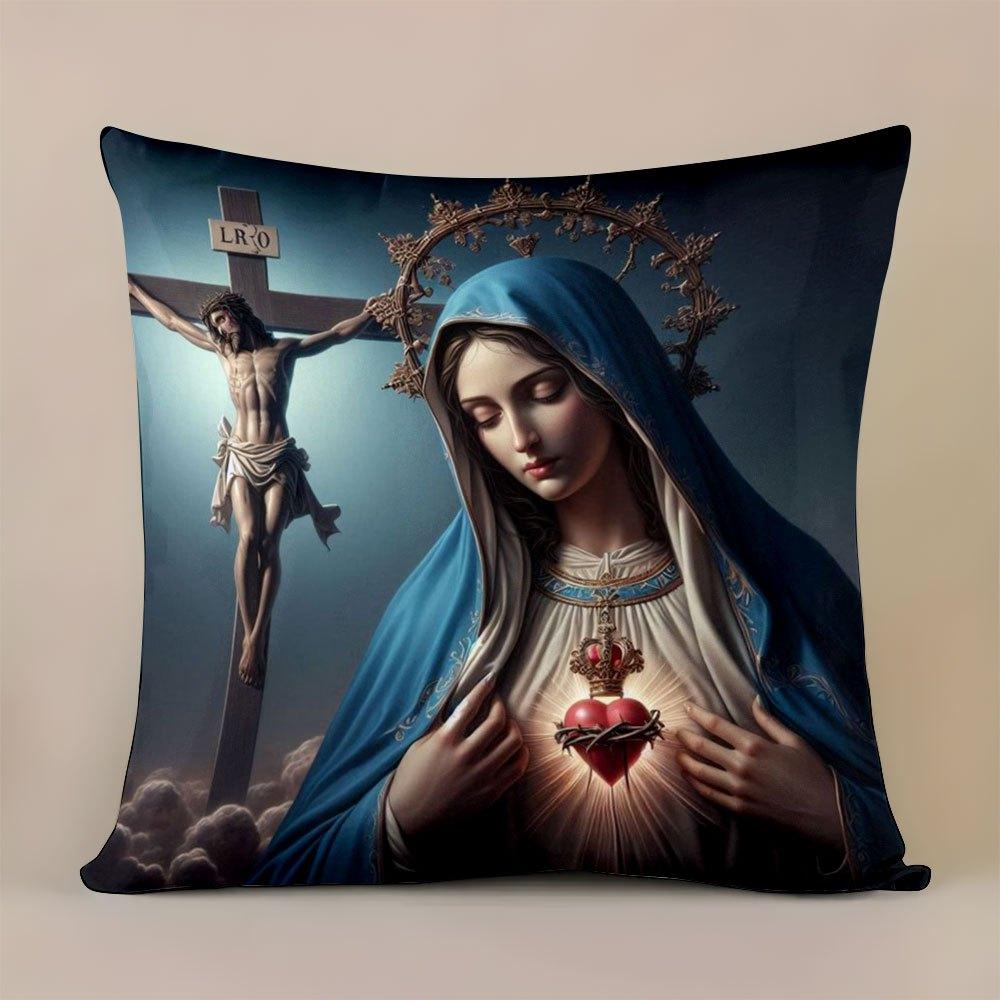 1pc Heart-Shaped Pillow Cover Featuring The Virgin Mary And Jesus, Made of Soft And Comfortable Polyester Short Plush Fabric, Single-Sided Print, 44.9