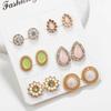 6Pairs Women Water Drop Flower Rhinestone Faux Opal Ear Studs Earrings
