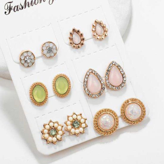 6Pairs Women Water Drop Flower Rhinestone Faux Opal Ear Studs Earrings