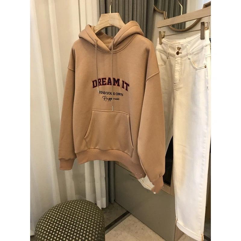 Simple Letter Printed Women's Fleece Hoodie With Loose Hooded Design For Daily Wear And Warm Hoodie