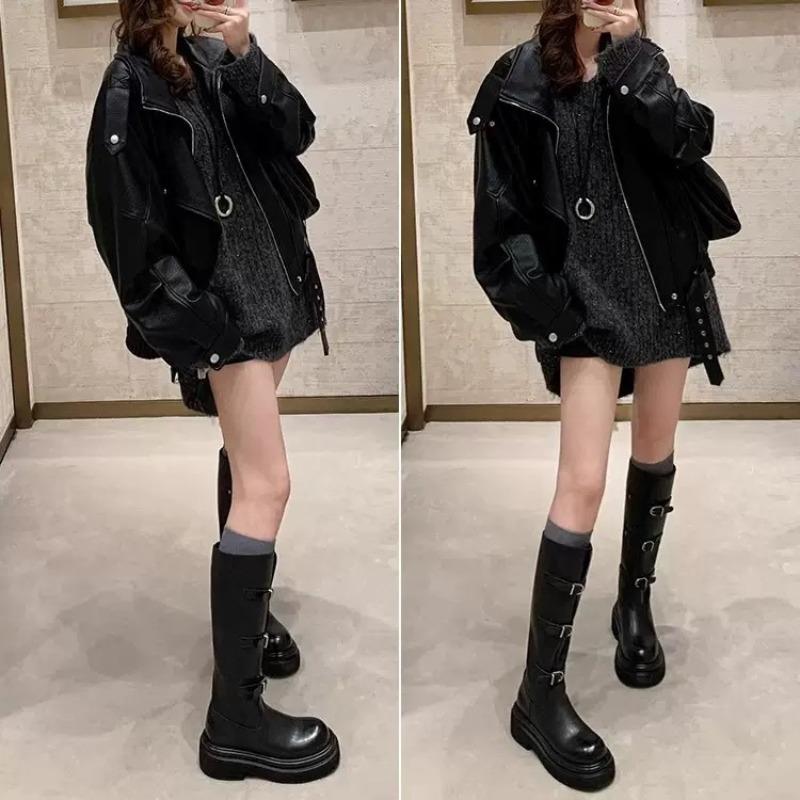 Cowhide 6cm Thick-soled But Knee Boots Women's Autumn and Winter Belt Buckle Thin Boots Western Knight Boots