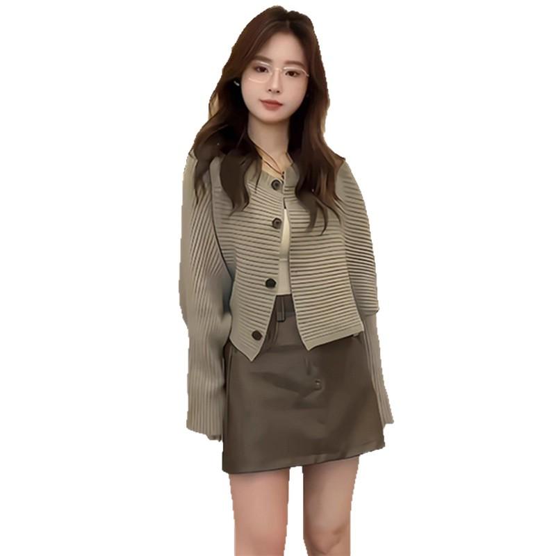 Short Knit Cardigan Women Loose Fit Round Neck Long Sleeve 80-140 Lbs
