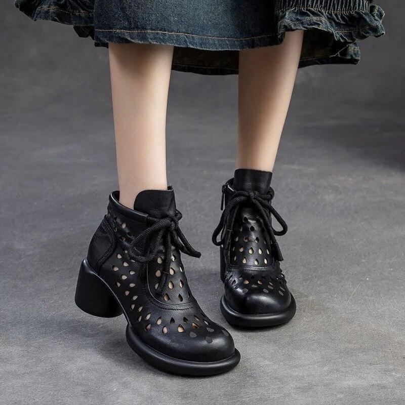 Johnature Retro Breathable Hollow-out Boots Sandals Genuine Leather Fashion High Heels Women's Shoes