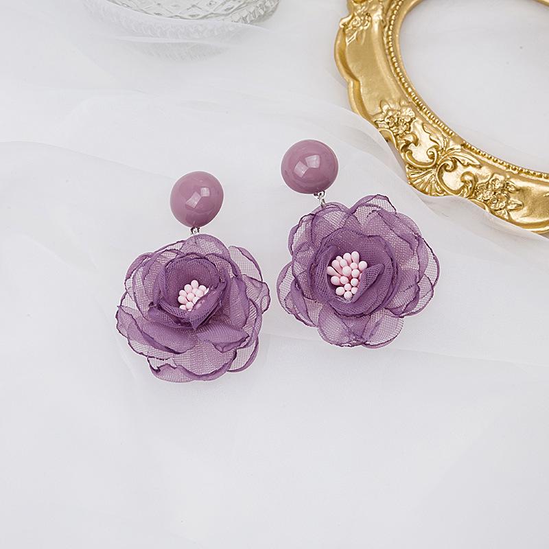 Chiffon Lace Flower Earrings: 925 Silver, Purple & Avocado Green Petals