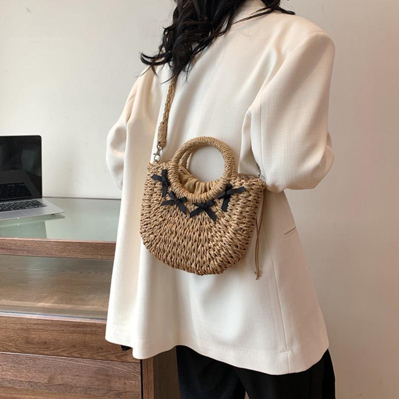 Straw Woven Bag Small Fragrant Style Sling Shoulder Crossbody Bag Hand-held Women's Bag Bow Design Beach Bag KTY