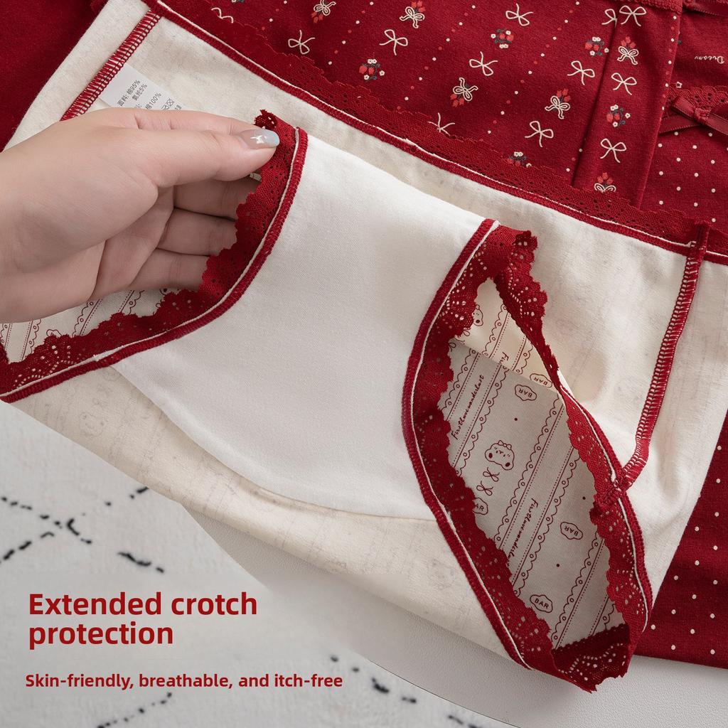 Plus Size Lady Spring and Summer Wedding Celebration Red Lace Cotton Extended Middle Waist Triangle Briefs