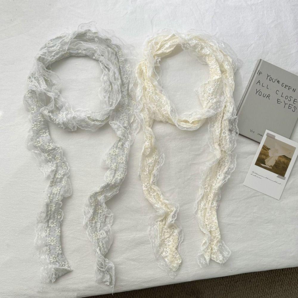 White Beige Lace Neck Scarf Flower Ribbon Headband Trendy Photo-Ready Shawl  Spring Summer