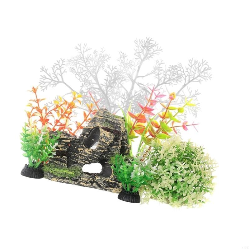 Fishtanks Scene Decoration with 7Pieces Artificial Fishtanks Plastic Plant and Cave Rock Aquariums Landscaping Coral Grass X3UC
