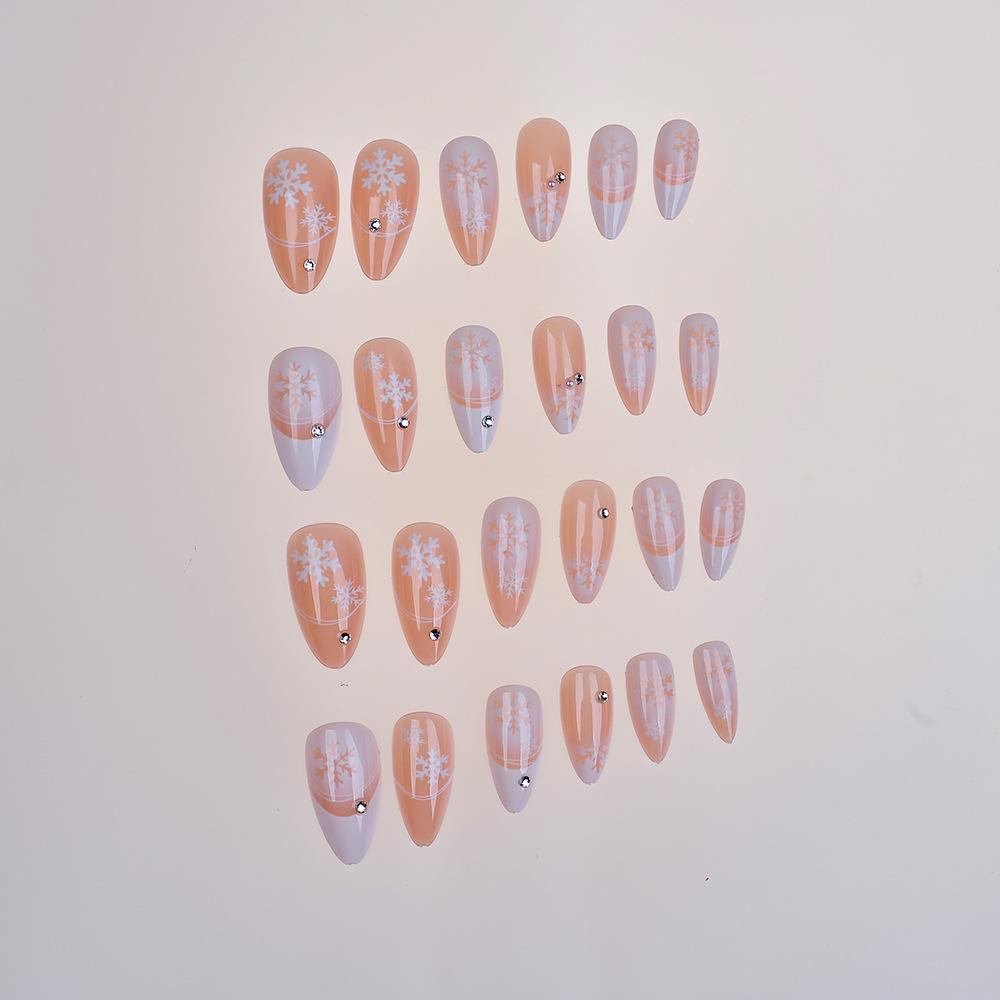 Winter Sparkle Diamond Snowflake Nail Art - 24 Almond-Shaped French Wearable Nails