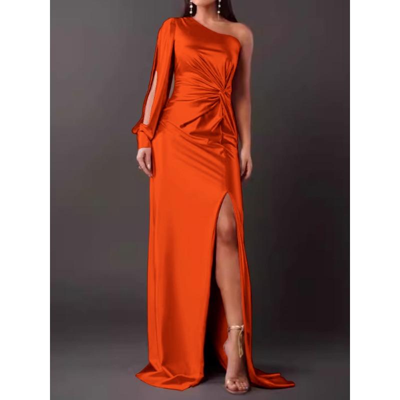Summer New Women's Clothing Diagonal Collar Shoulder Sleeve Pleated Waist Split Sexy Dress