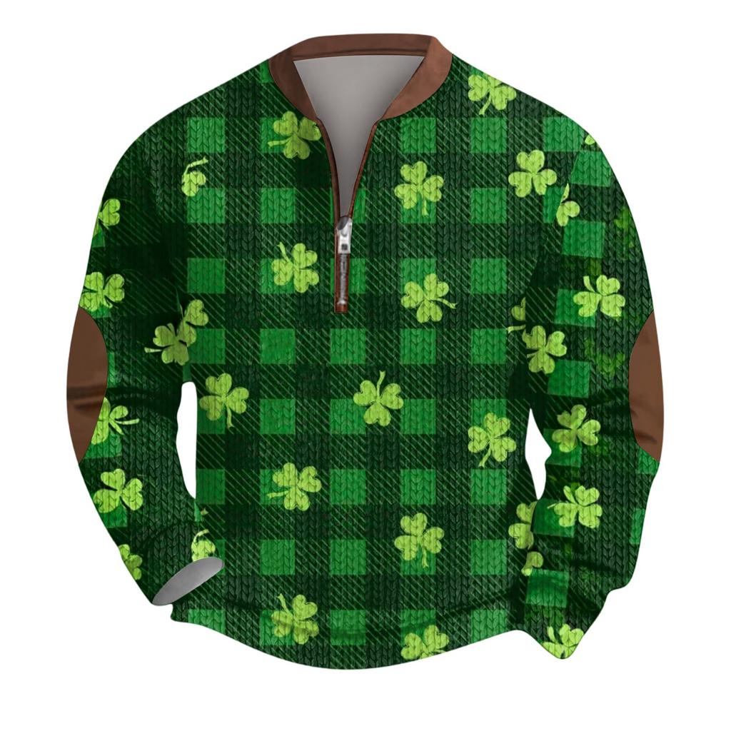 Mens Christmas Sweater Zip Up Sweatshirts Vintage Knit Graphic Sweatshirt St. Patrick's Day Stand Collar Pullover