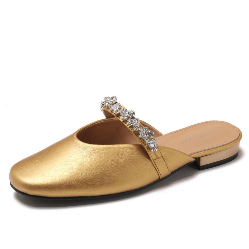Fashion French Rhinestone Cover Toe Slippers for Women Slip On Women's Footwear Fashion Low Heel Pumps Soft Leather Comfortable Mules