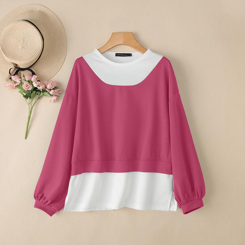 

ZANZEA Женская повседневная блузка-пуловер с круглым вырезом и длинными рукавами, осенняя 5XL темно-розовый