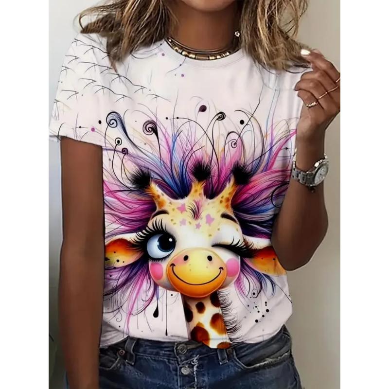 Fashion Women's Crew Neck Short Sleeve 3D Animal Color Printing Animal Short Sleeve Crew Neck T-Shirt